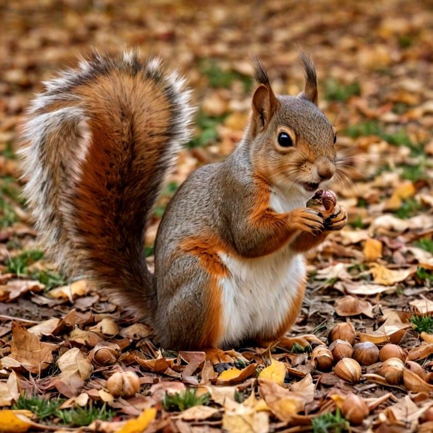 Cute Squirrel Eating Nuts in Autumn