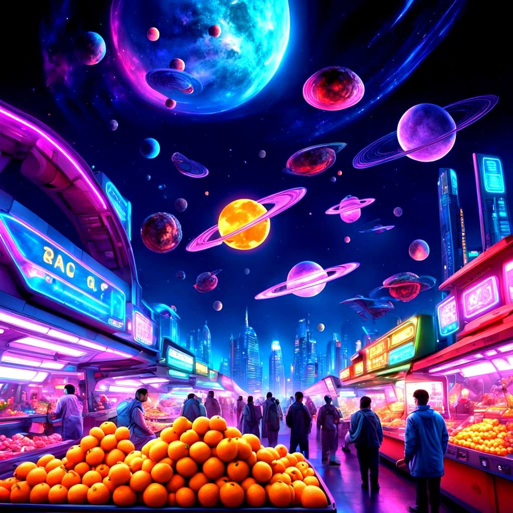 Glowing Cosmic Market Under Three Vibrant Moons