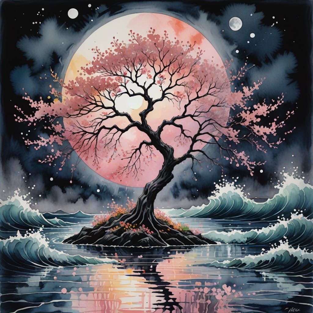 Watercolor Scene of a Lone Tree Under a Full Moon in Floral...