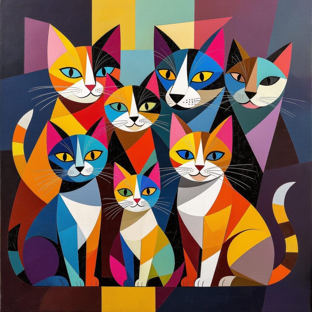 Cubist Cats and Dogs in Art Deco Style