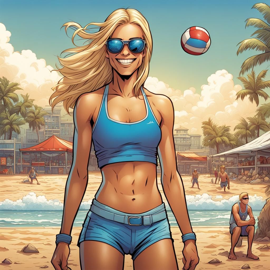 Blonde Girl Playing Beach Volleyball Comic Book Art