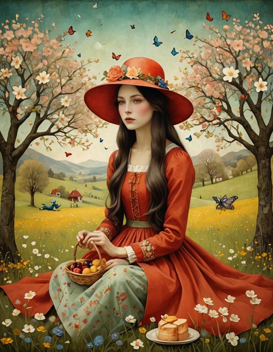 Woman and Fairy Picnic in Blooming Meadow