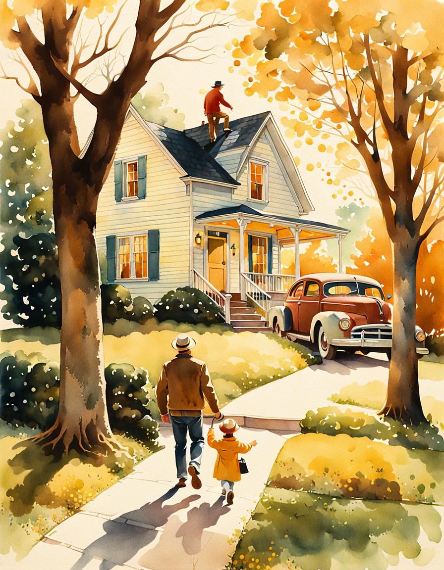 Nostalgic Americana Man Leaves Home: Watercolor Illustration