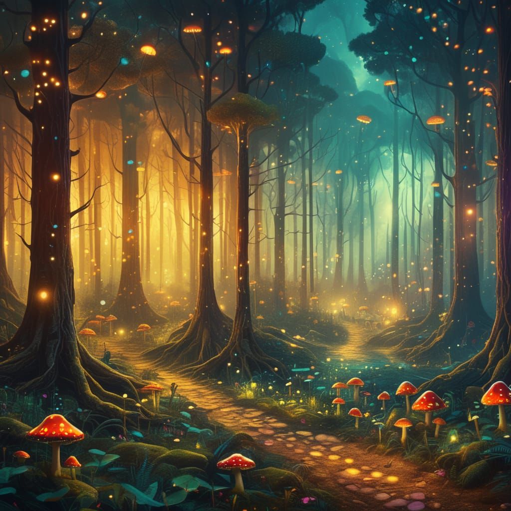 Surreal Forest Scene with Glowing Mushrooms and Fireflies