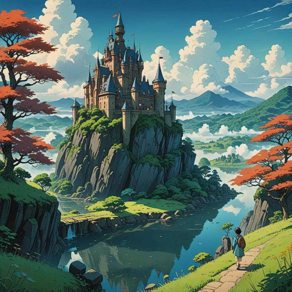 Whimsical Fantasy Castle in a Serene Misty Landscape