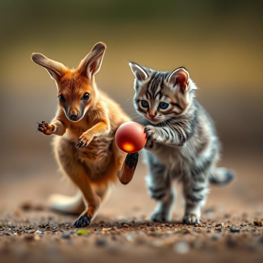 Kangaroo and Kitten Playing with a Ball