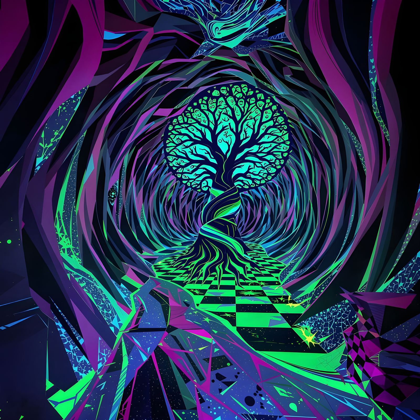 Surreal Infinite Hall with Glowing Tree