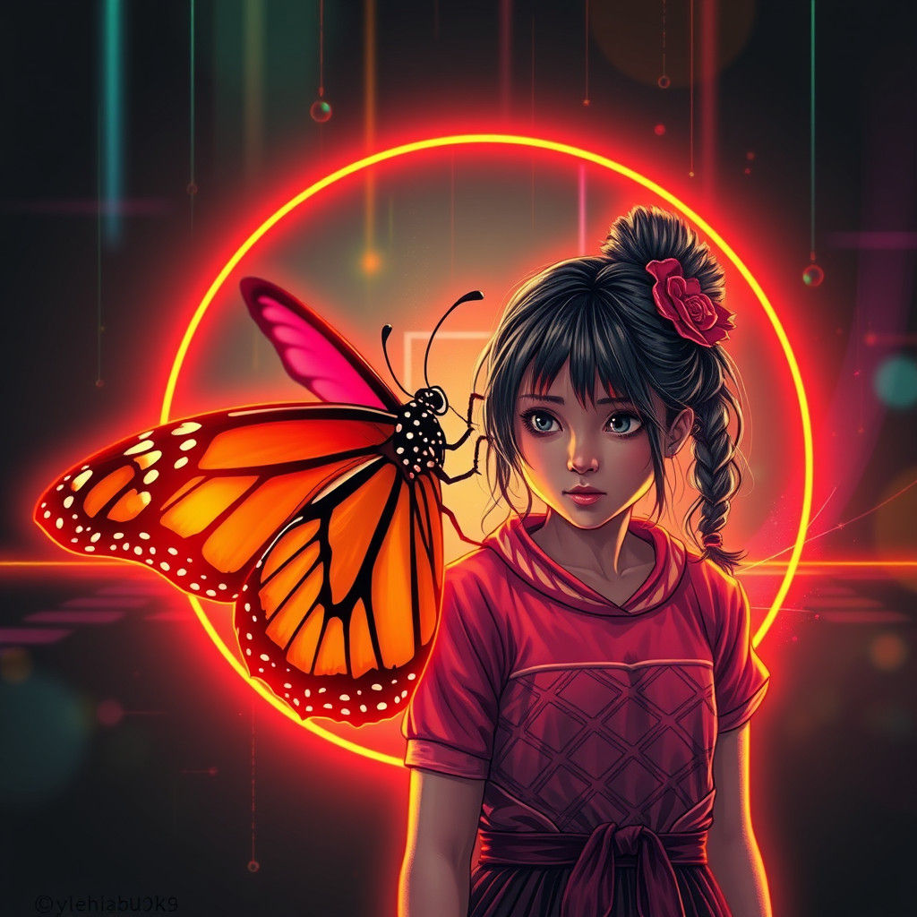 Monarch Butterfly and Girl in Cyberpunk Style
