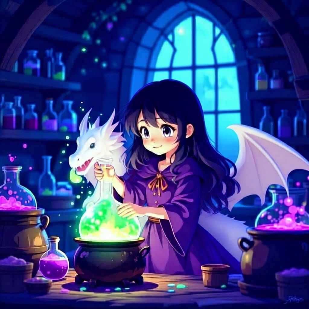 Cute Witch Brews Potion with Pet Dragon