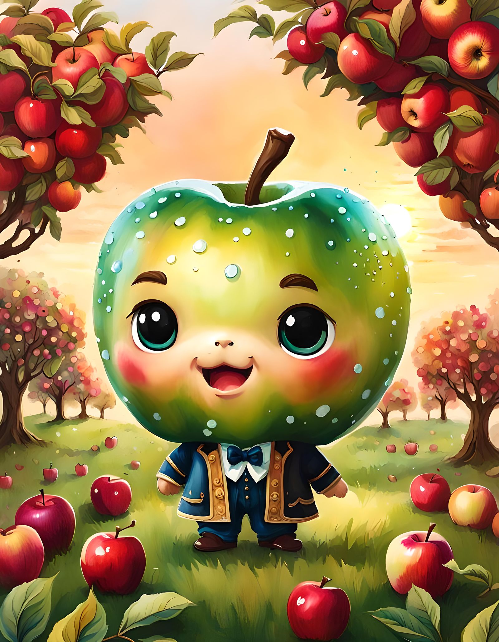 Kawaii Chibi Isaac Newton Apple in Orchard