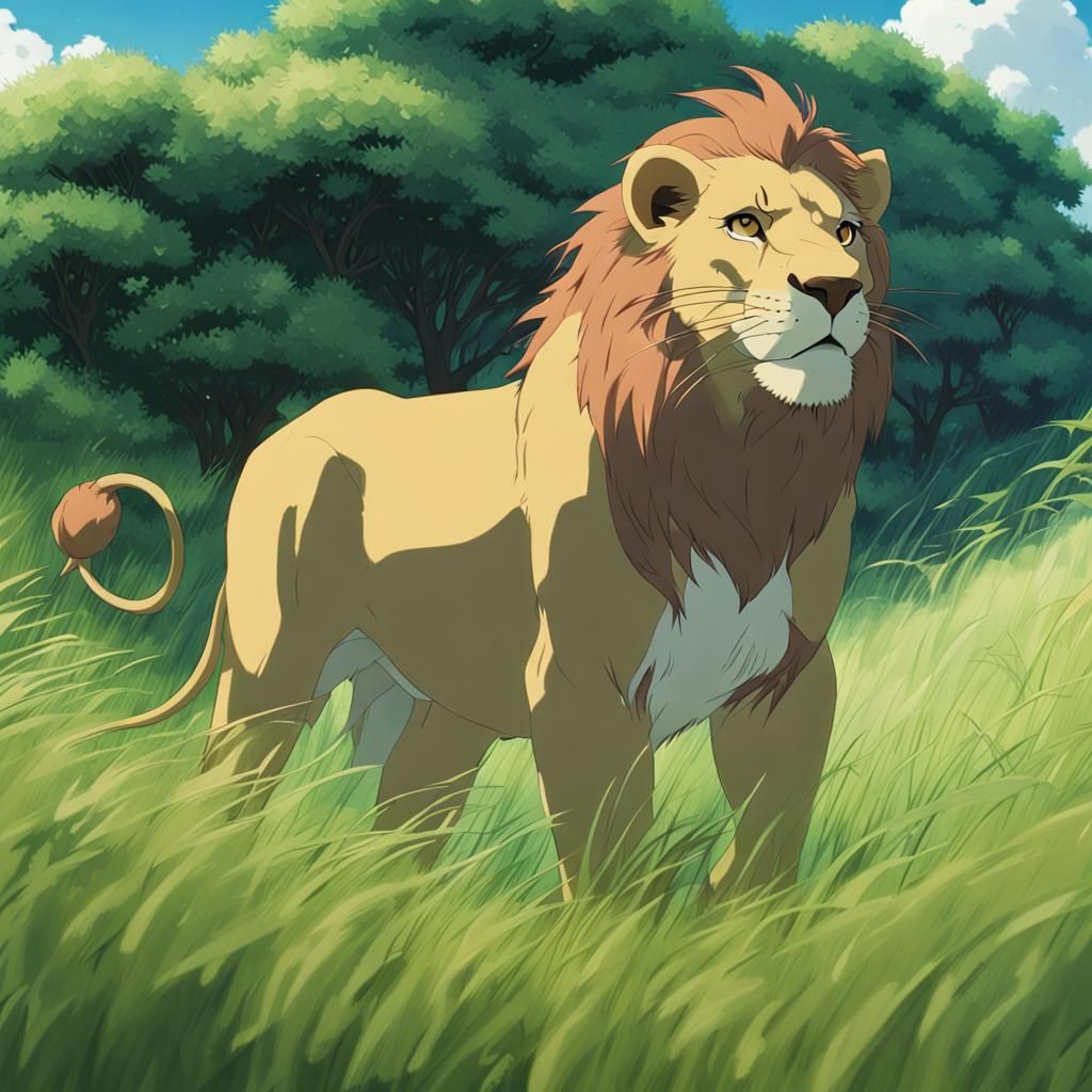 Lioness in Grassy Field: Studio Ghibli Anime