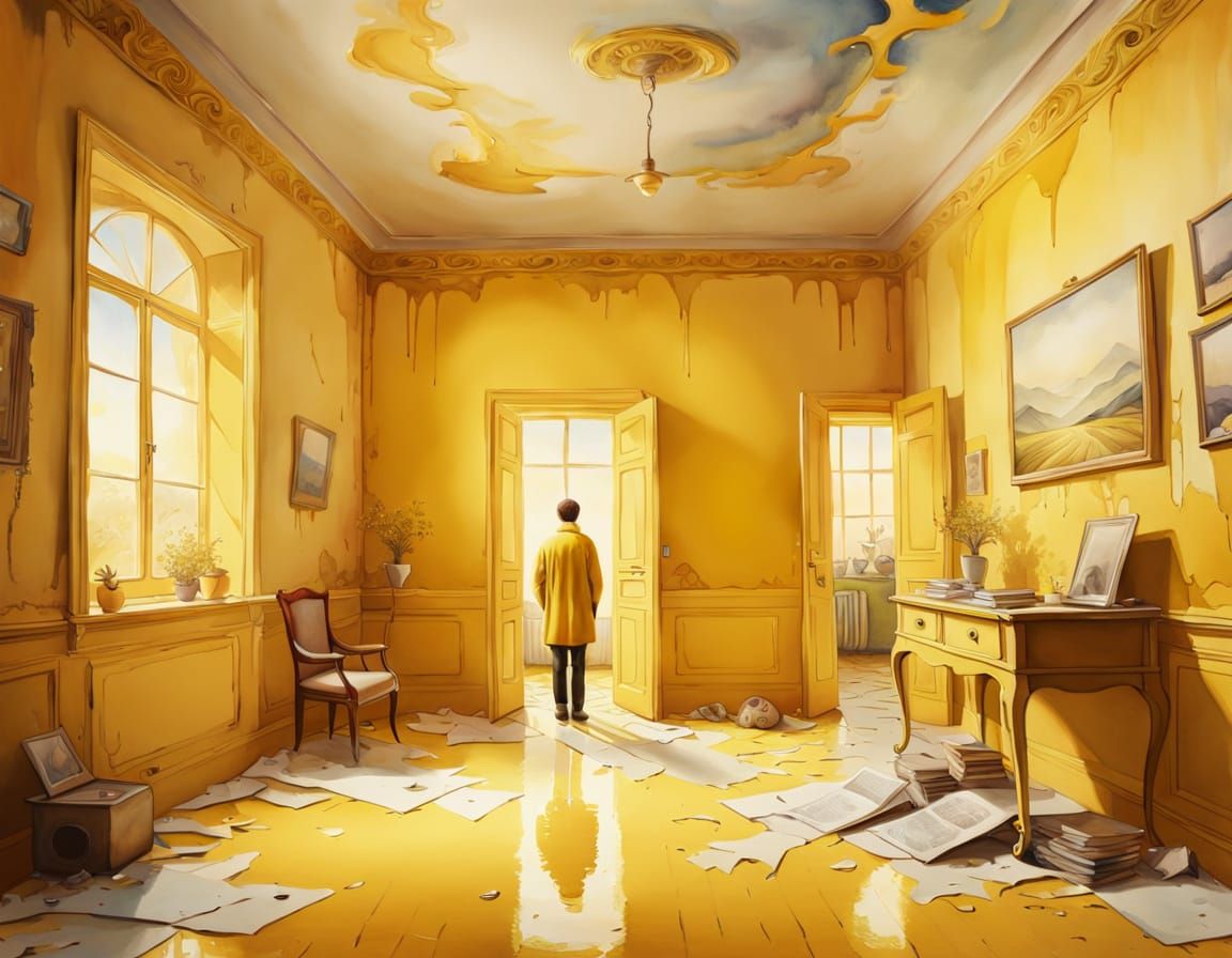 Surreal Yellow Room in Vibrant Watercolor Style