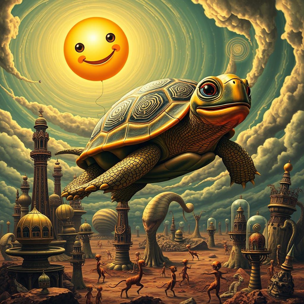 Surreal Cosmic Scene with Floating Sun and Flying Tortoise