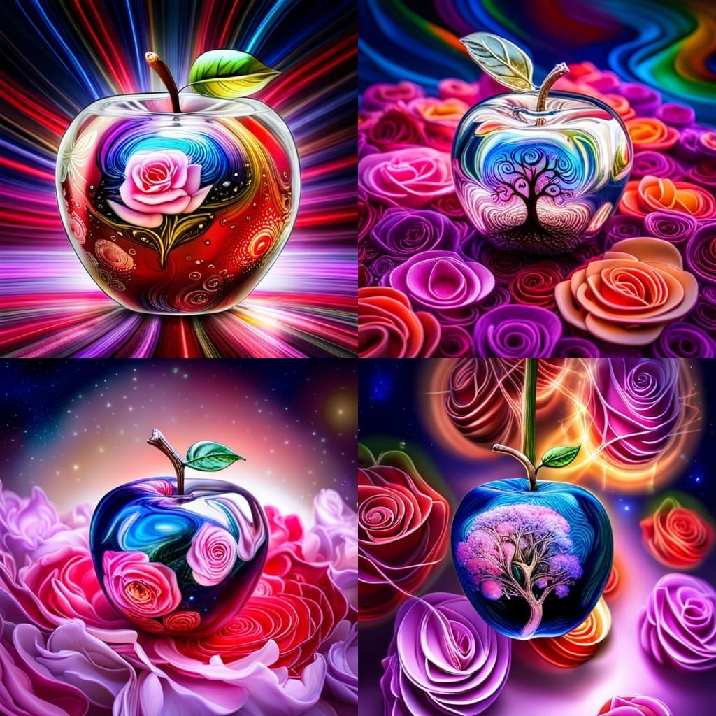 Intricate Glass Apple with Tree, Cosmic Roses