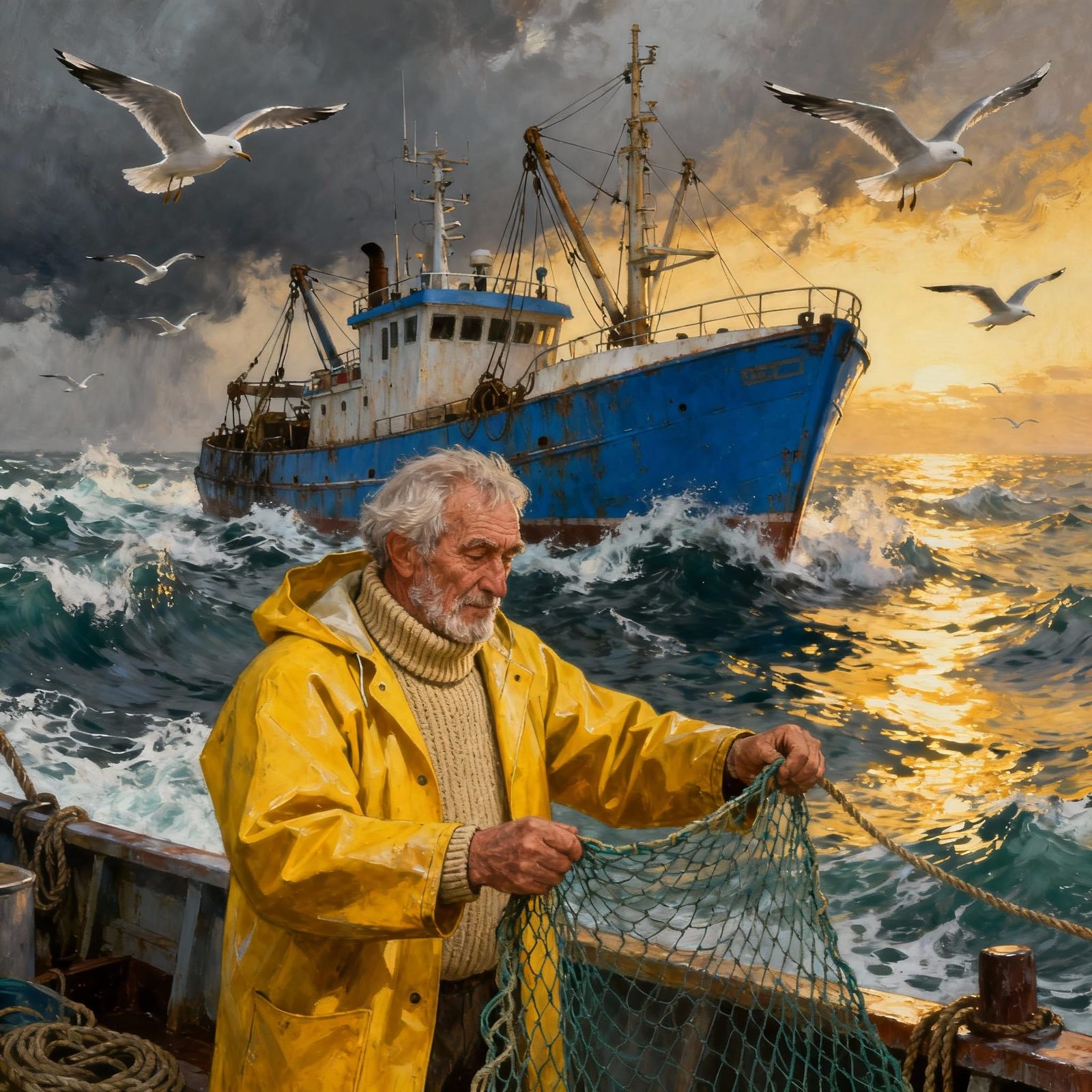 Fisherman Battles Rough Seas on Iron Trawler