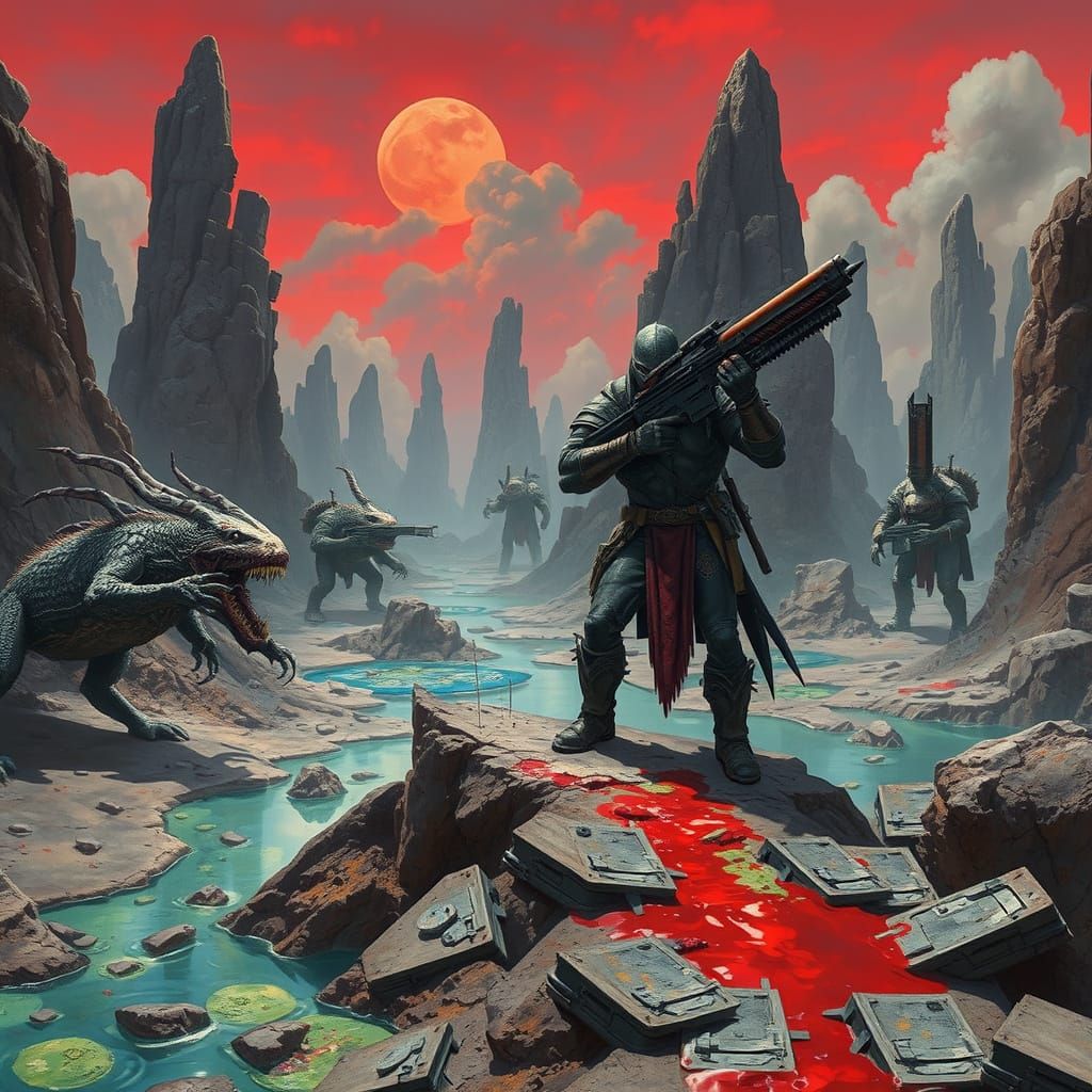 Warrior Battles Monstrous Creatures in Desolate Alien Landsc...