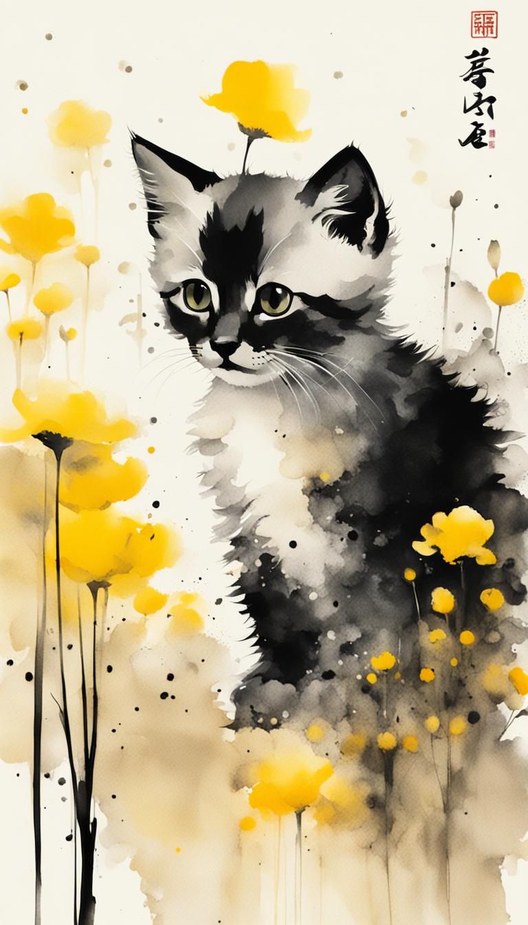 Minimalist Kitten Playing with Flowers in Ink Painting