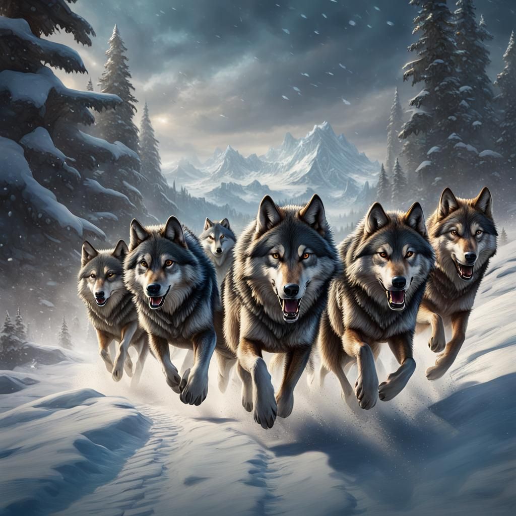 Happy Wolf Pack Running Through Snowy Landscape