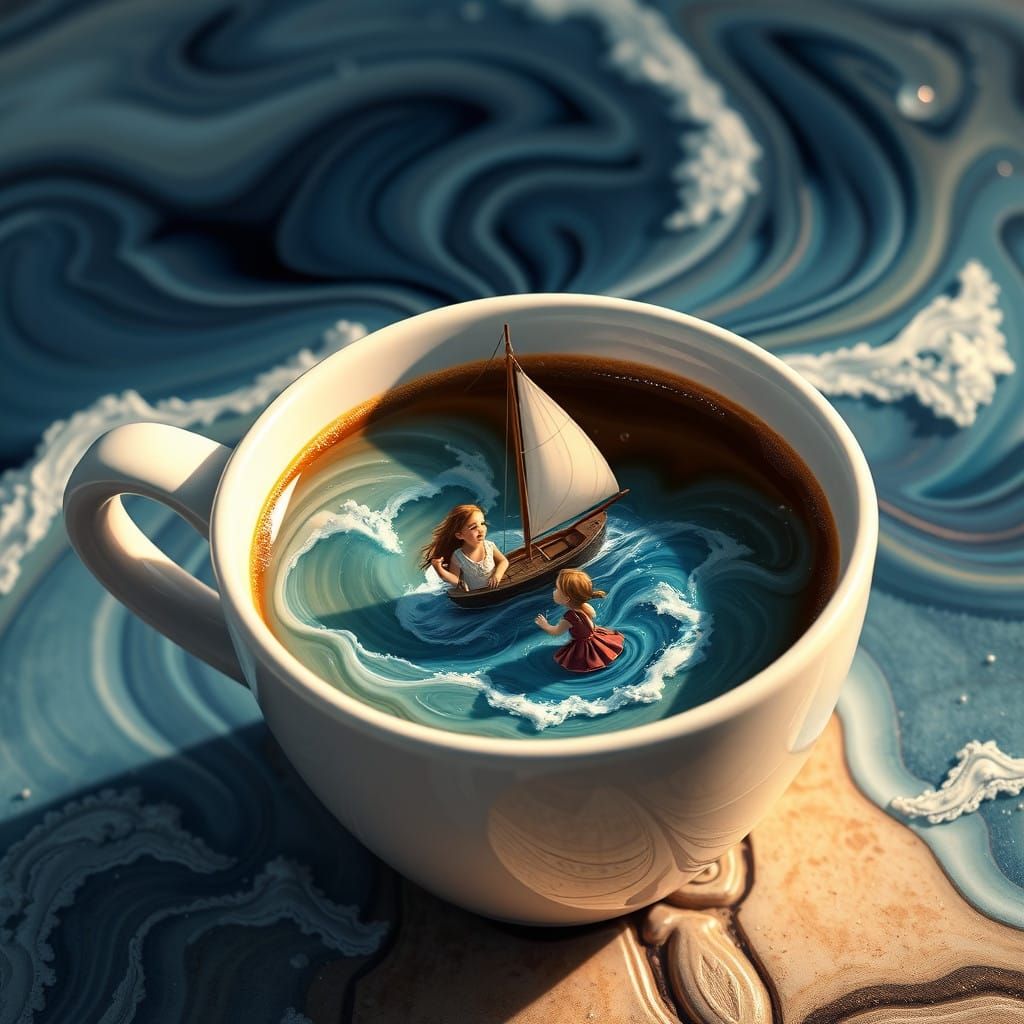 Whimsical Coffee Scene with Sailboat and Jewish Children in....