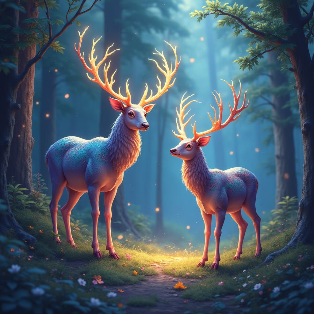 Glowing Deer Guiding Through Mystical Forest