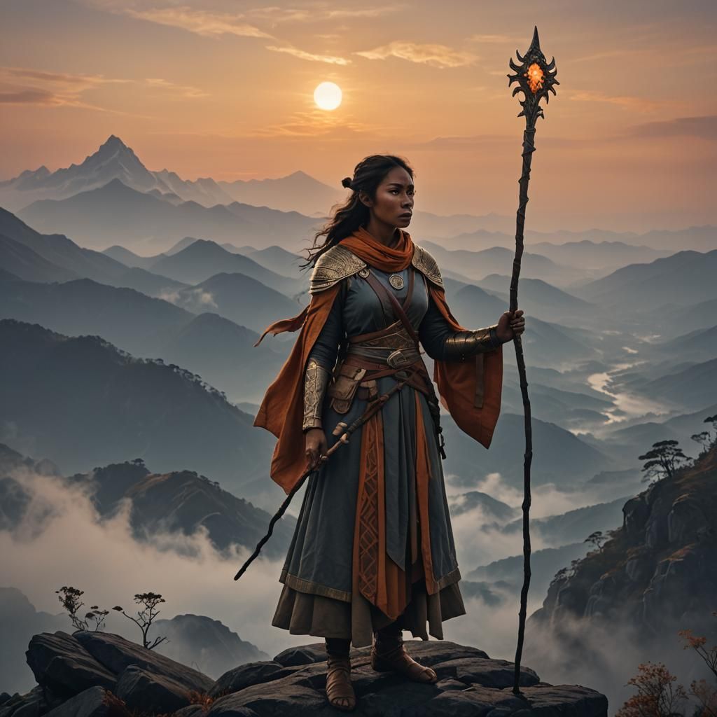 Warrior on Misty Peak at Dusk