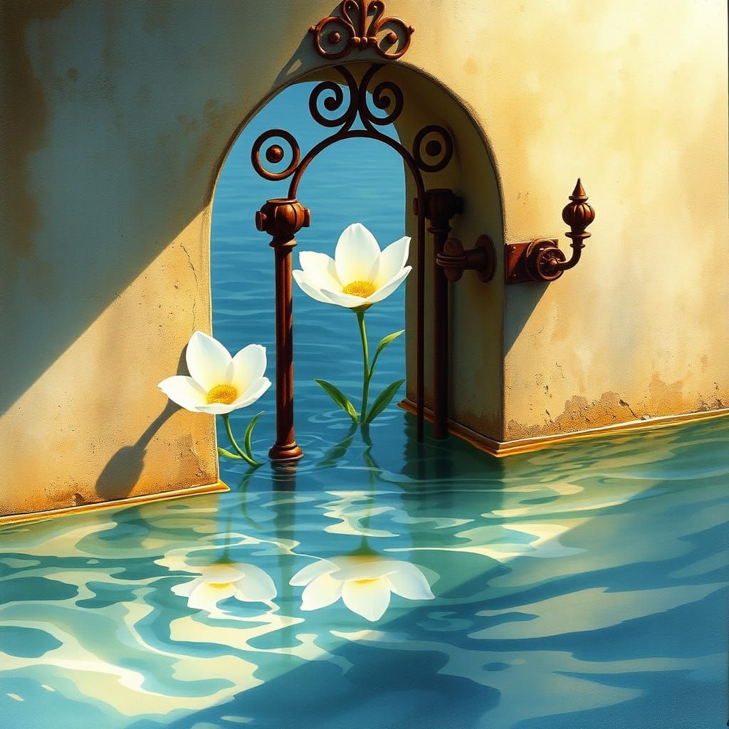 Ethereal Flower Blooms Behind Ancient Iron Gate in Dreamy Wa...