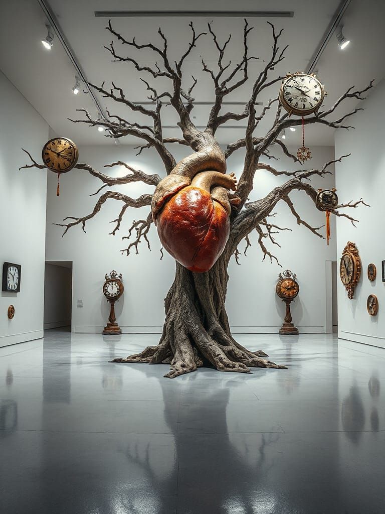 Surreal Art Gallery with Floating Heart and Time Elements