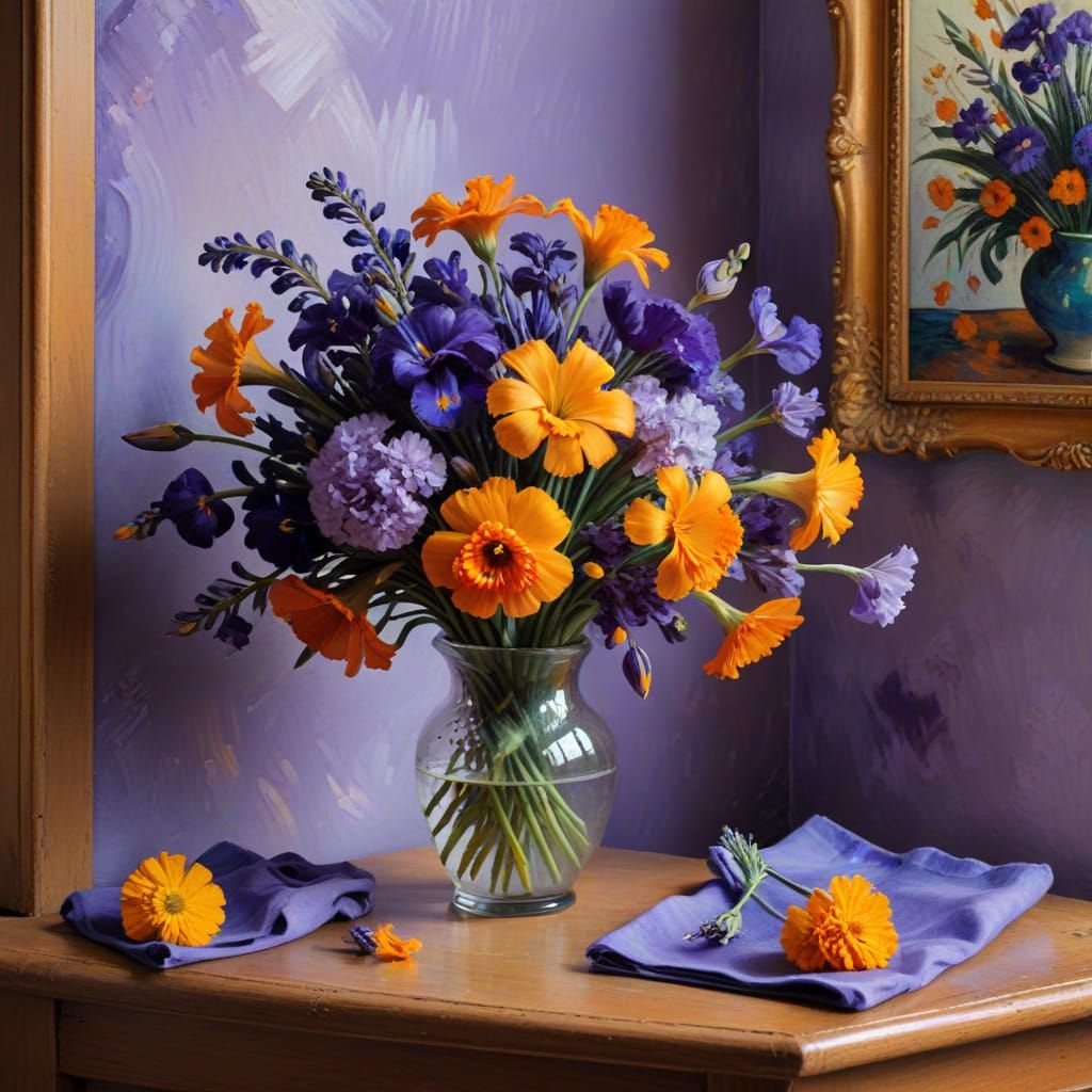 Whimsical Floral Interior in Vibrant Purple and Orange Hues