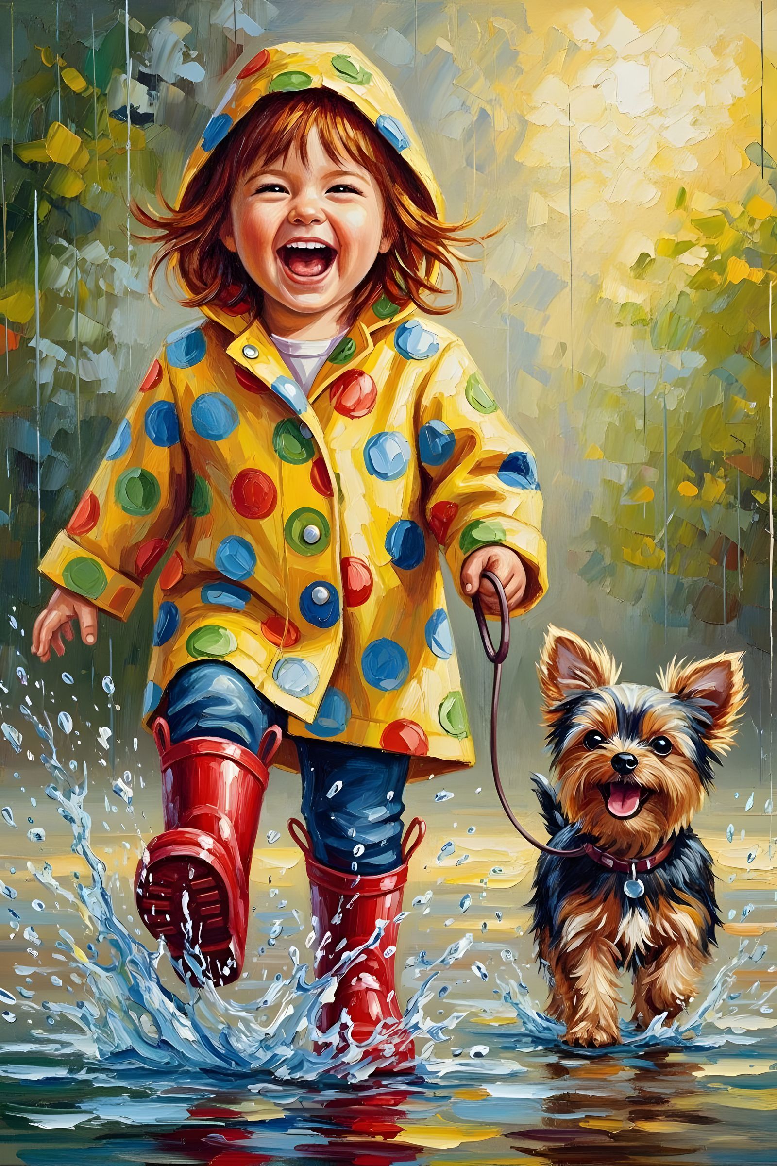 Toddler and Puppy in Summer Rain, Impasto Oil Painting