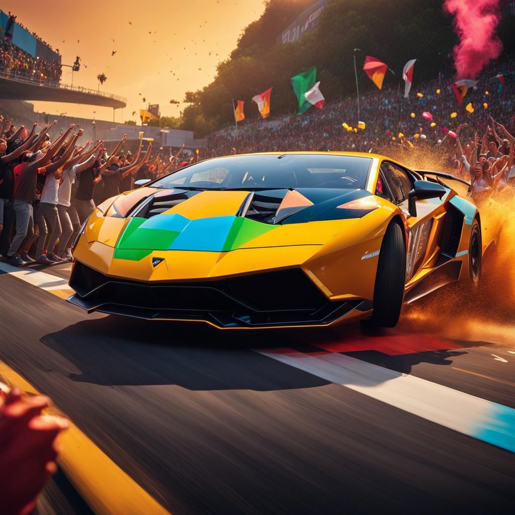 Hyperrealistic Lamborghini Jump with Cheering Crowd