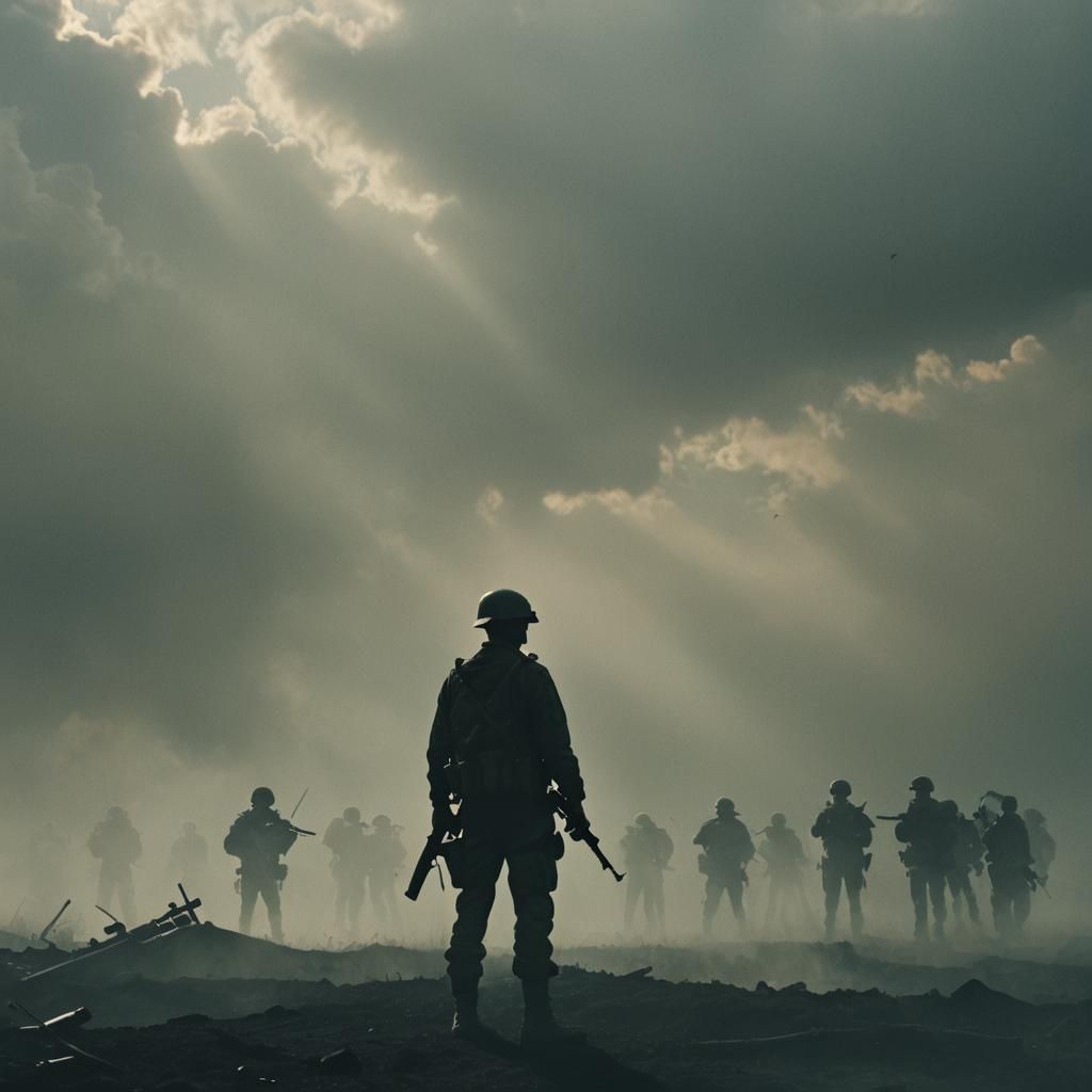 Dramatic Cinematic Scene: Lone Warrior Confronts Army
