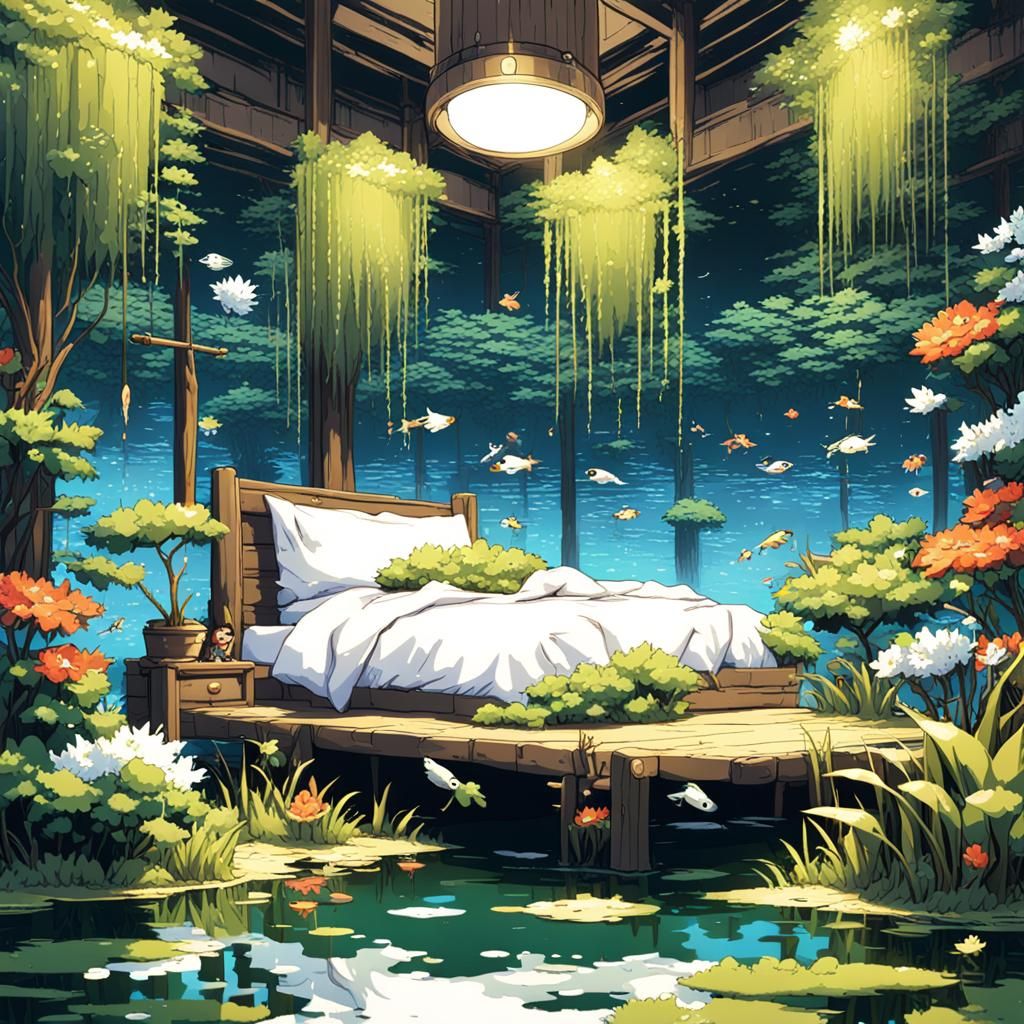 8-Bit Bedroom Inside Frog's Eye in Manga Style