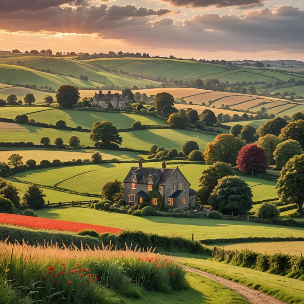 English Country Home at Sunset: Detailed Matte Painting