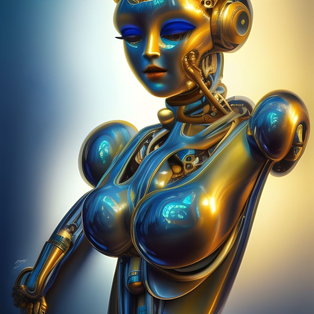 Detailed Robot Girl in Gold and Blue: 3D Digital Art