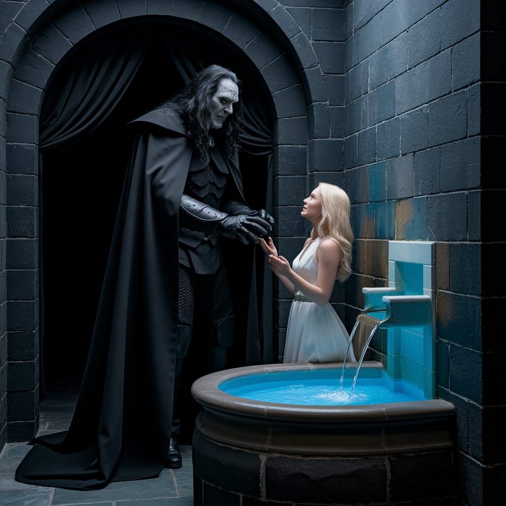 Gothic Castle Scene: Dark Knight and Blonde Lady in Moonlit ...