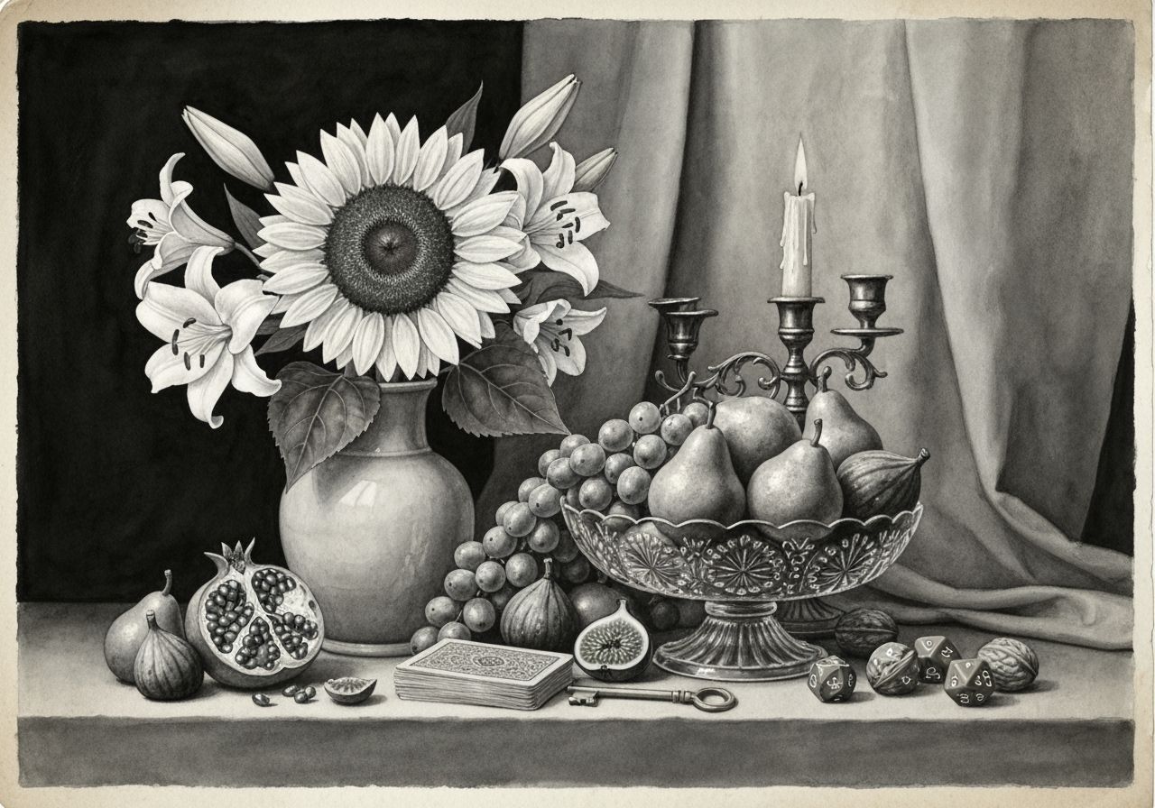 Monochrome Watercolor Still Life with Sunflower and Fruit