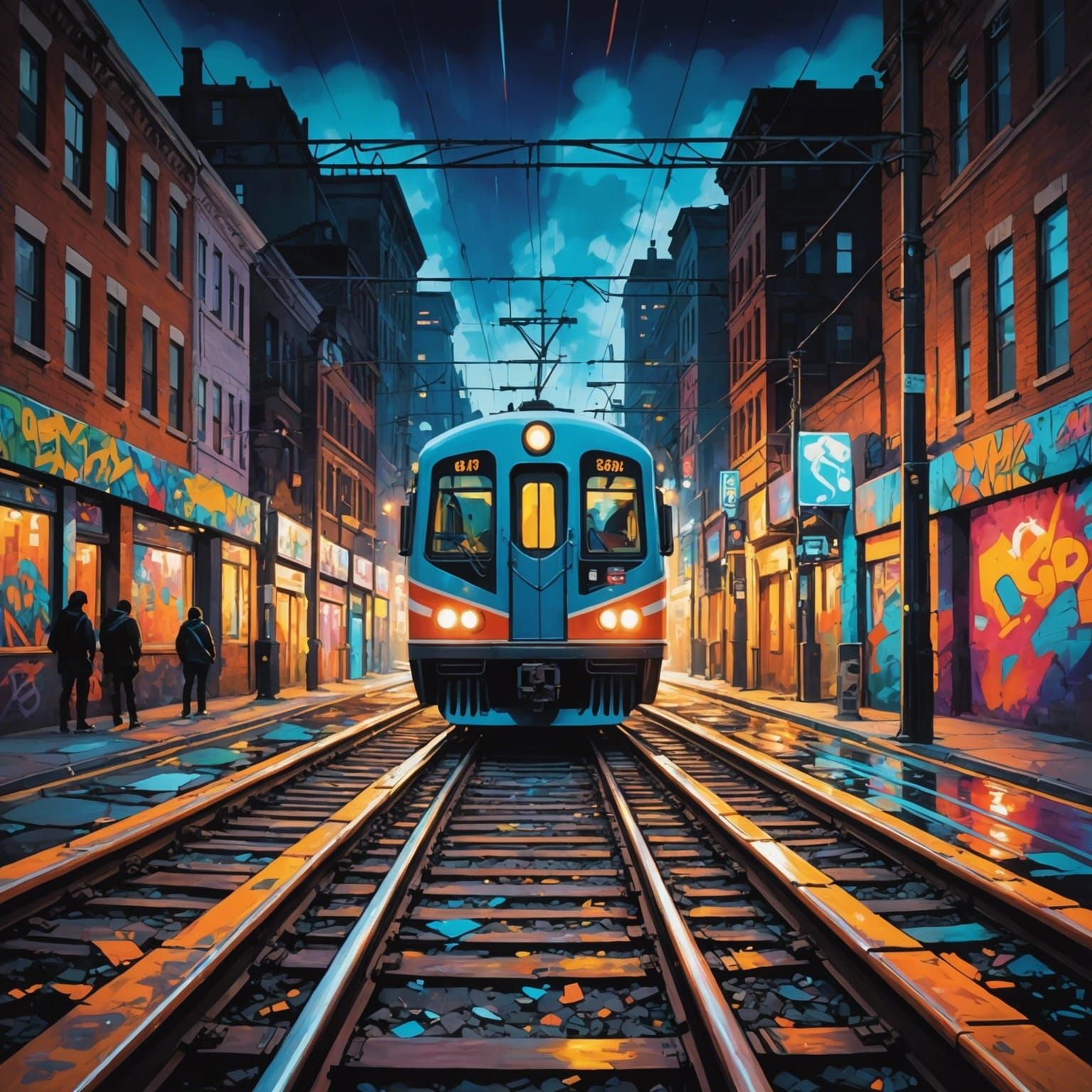 Night Cityscape with Train in Street Art Style