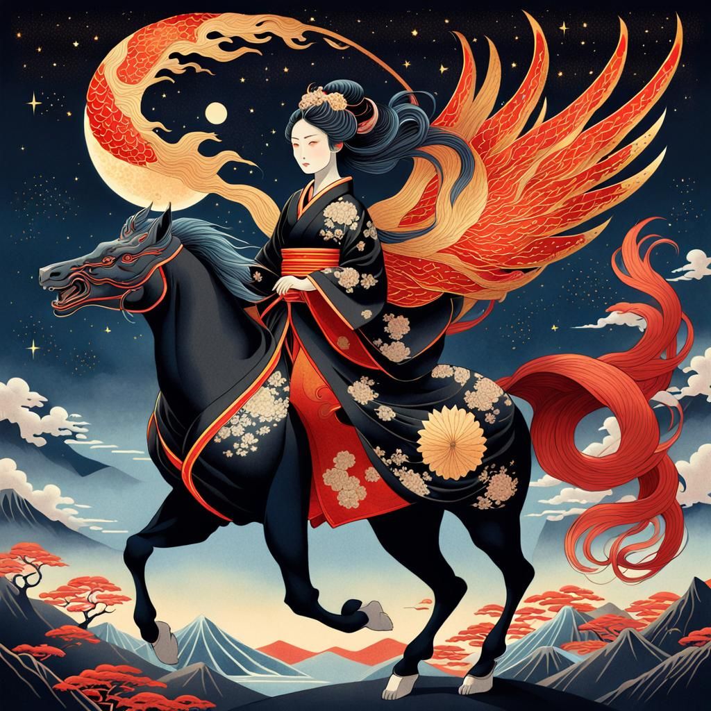Woman Rides Kirin in Art Nouveau Ukiyo-e Style