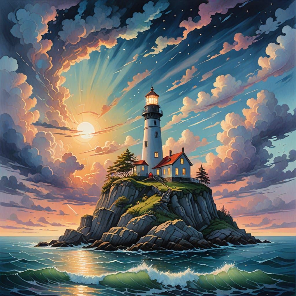 Gouache Painting of a Floating Island Lighthouse