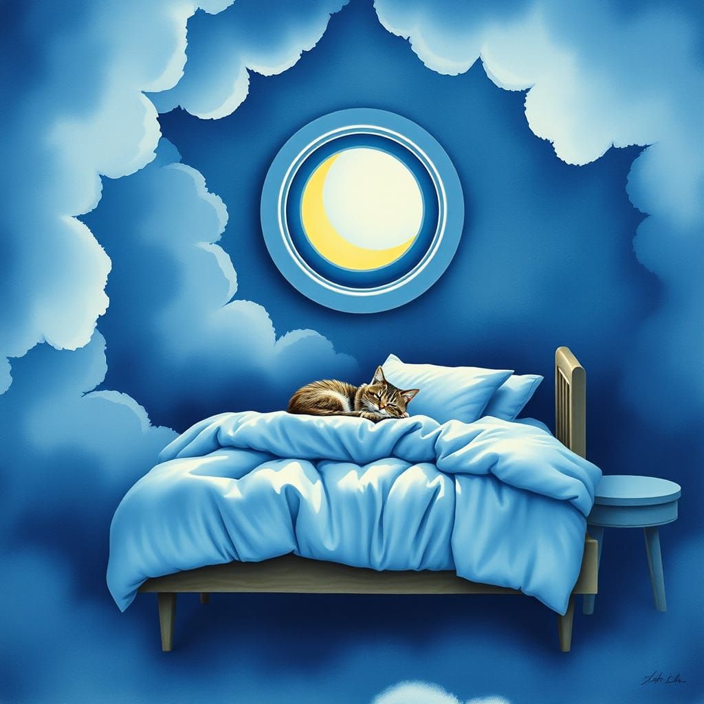 Dreamy Nighttime Scene with a Sleepy Cat in a Watercolor Sty...