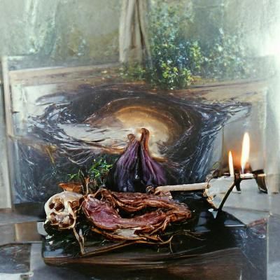 Detailed Witchcraft Altar in Oil Painting Style