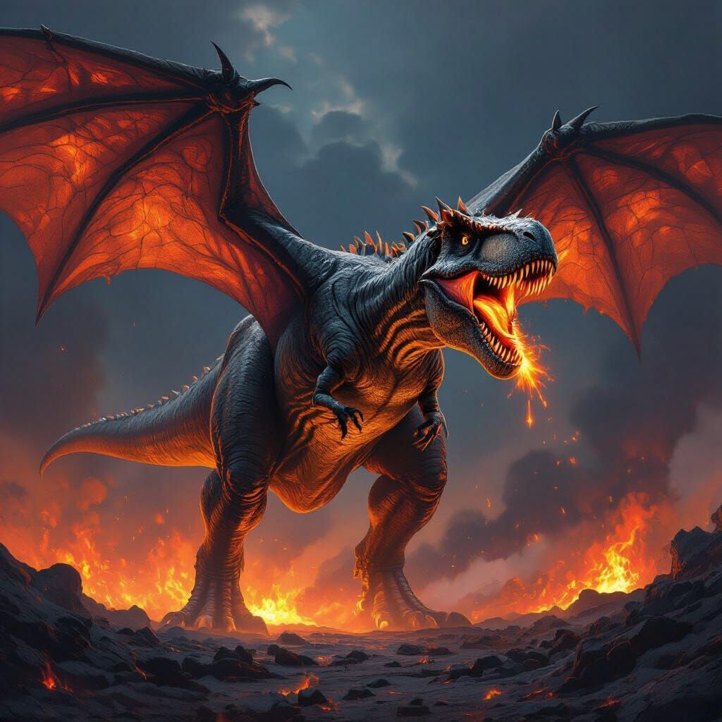 Fire-Breathing Rex with Pteranodon Wings in Epic Fantasy Art