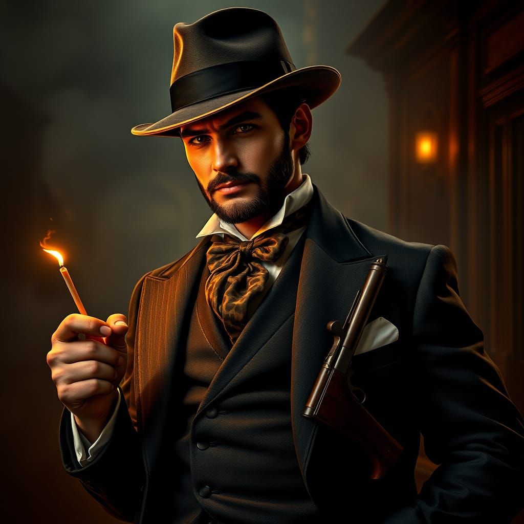 Victorian Man with Guns in Art Nouveau Style