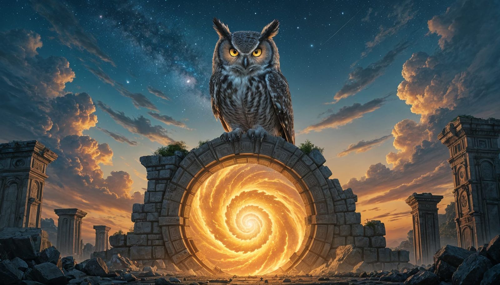 Ancient Owl Over Cosmic Vortex in Matte Painting Style