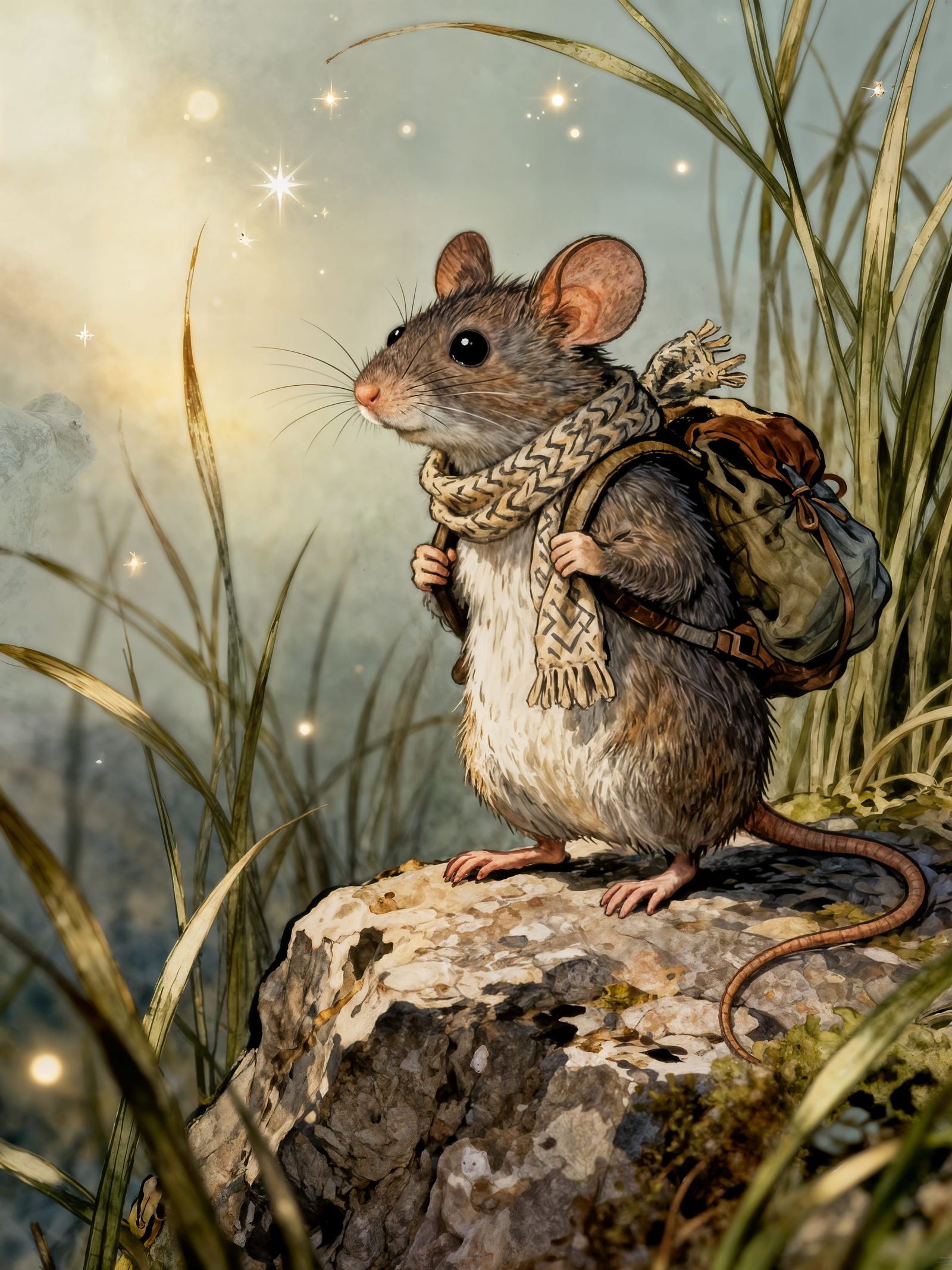 Determined Mouse Explorer in Whimsical Hand-Drawn Style