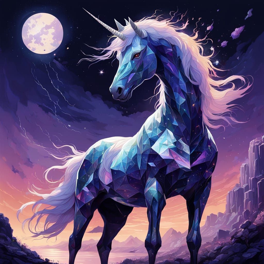 Rainbow Unicorn Gallops Across Pre-Dawn Sky in Vibrant, Surr...