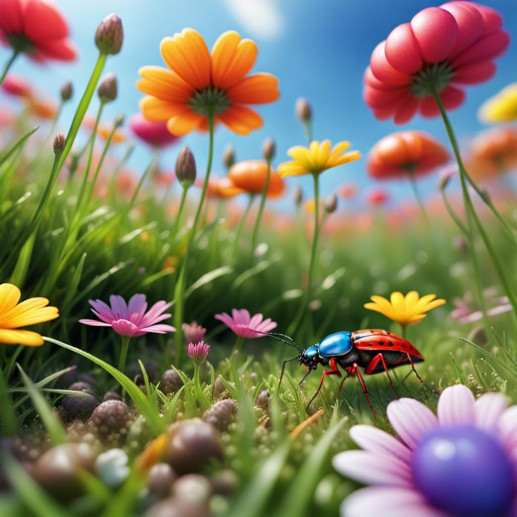 Bug's-Eye View of a Colorful Flower Field