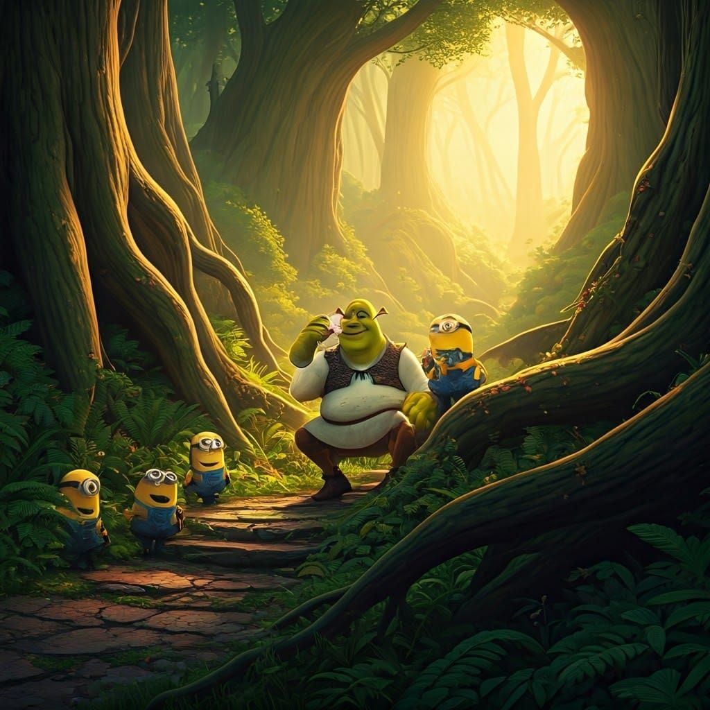 Shrek and Minions in Mystical Forest, Matte Painting