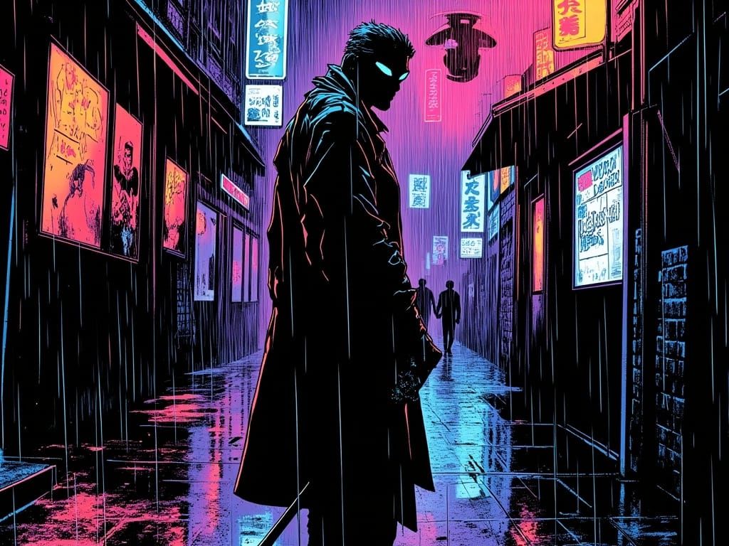 Gritty Vigilante Hero in Neon-Lit Rainy City