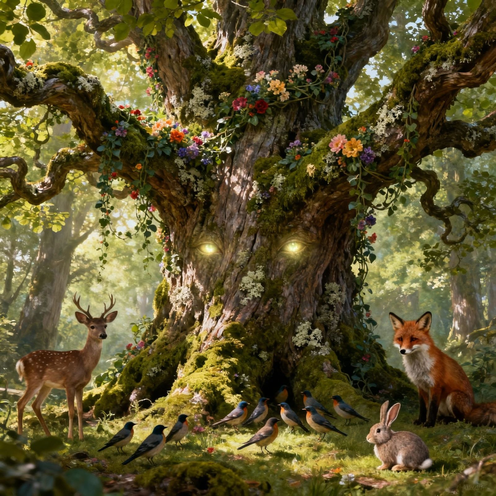 Ancient Tree Guardian with Woodland Creatures